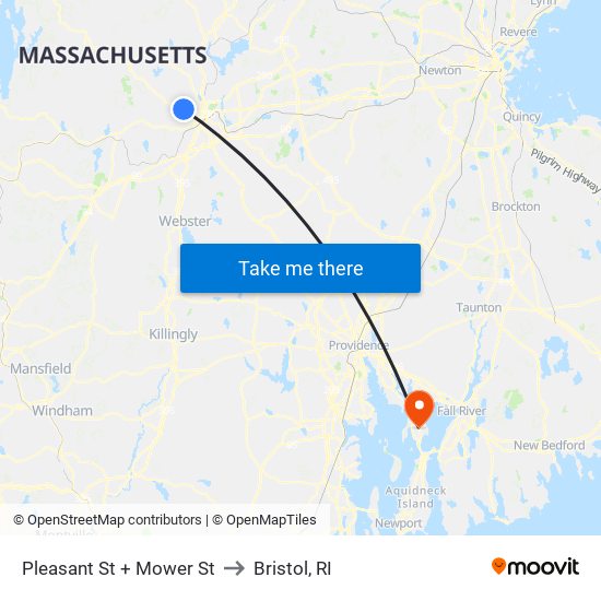 Pleasant St + Mower St to Bristol, RI map