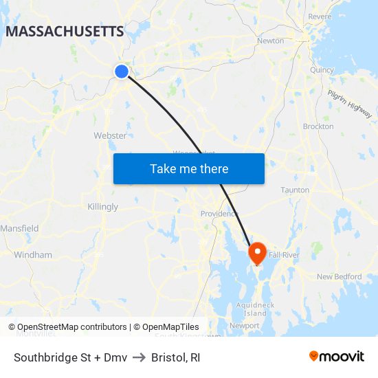 Southbridge St + Dmv to Bristol, RI map