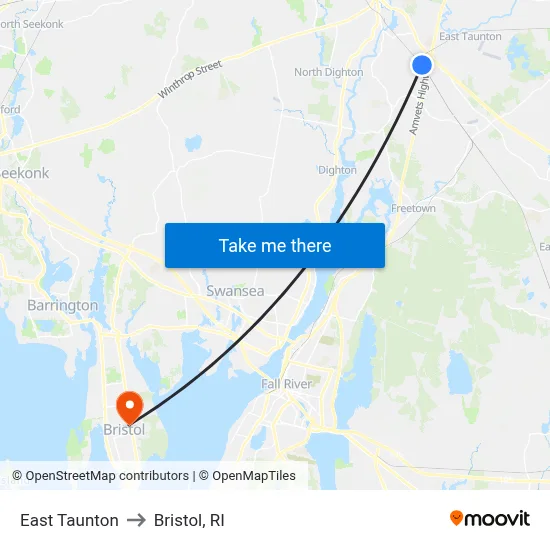 East Taunton to Bristol, RI map