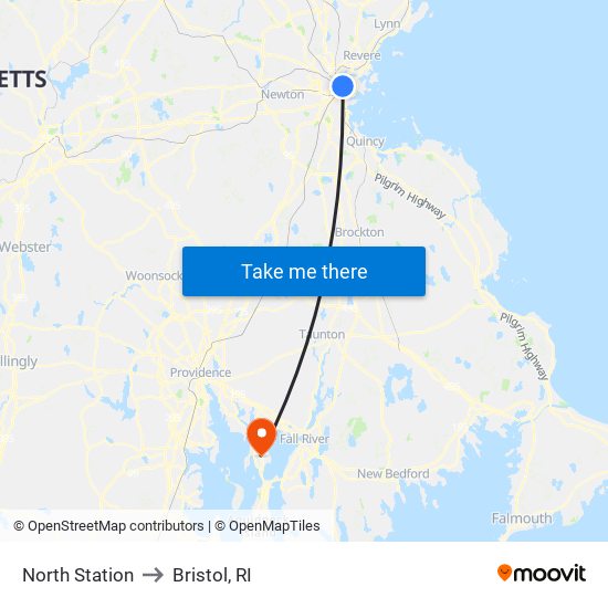 North Station to Bristol, RI map