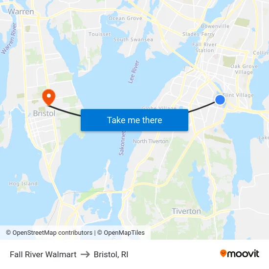 Fall River Walmart to Bristol, RI map
