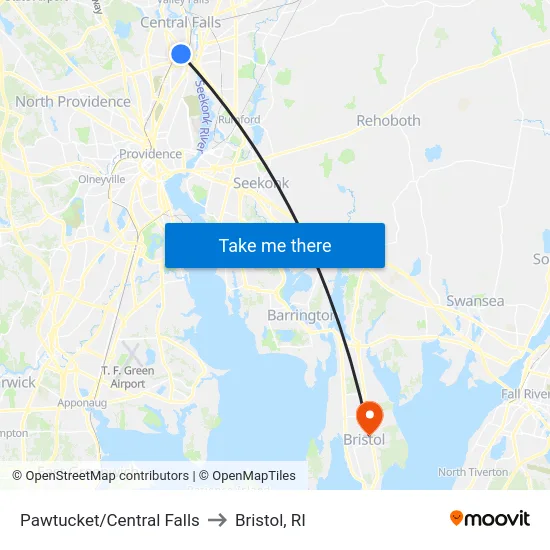 Pawtucket/Central Falls to Bristol, RI map
