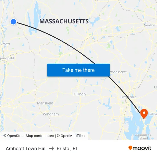Amherst Town Hall to Bristol, RI map
