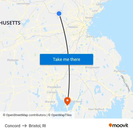 Concord to Bristol, RI map
