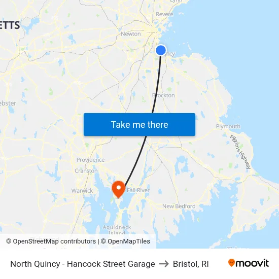 North Quincy - Hancock Street Garage to Bristol, RI map