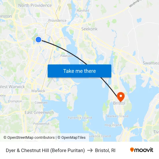 Dyer & Chestnut Hill (Before Puritan) to Bristol, RI map