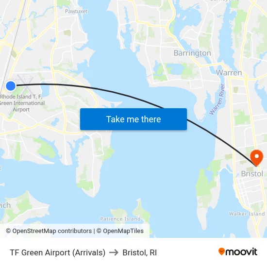TF Green Airport (Arrivals) to Bristol, RI map