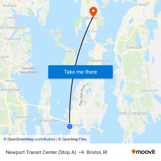 Newport Transit Center (Stop A) to Bristol, RI map