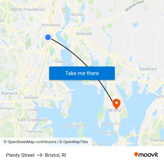 Plenty Street to Bristol, RI map