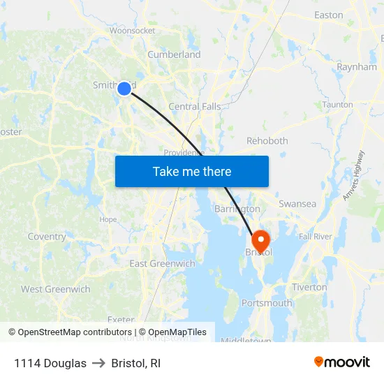 1114 Douglas to Bristol, RI map