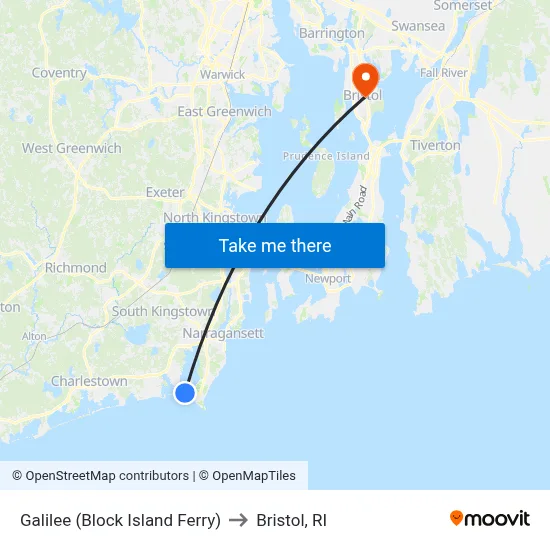 Galilee (Block Island Ferry) to Bristol, RI map