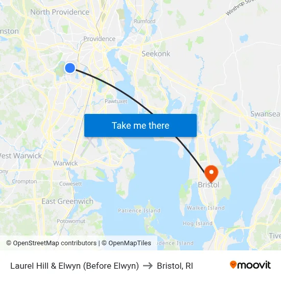 Laurel Hill & Elwyn (Before Elwyn) to Bristol, RI map