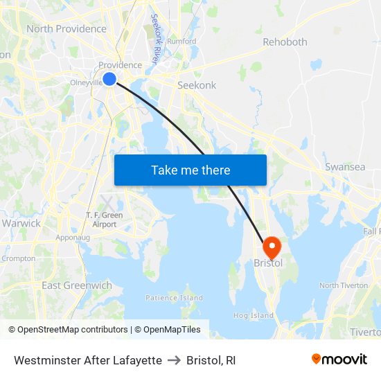 Westminster After Lafayette to Bristol, RI map