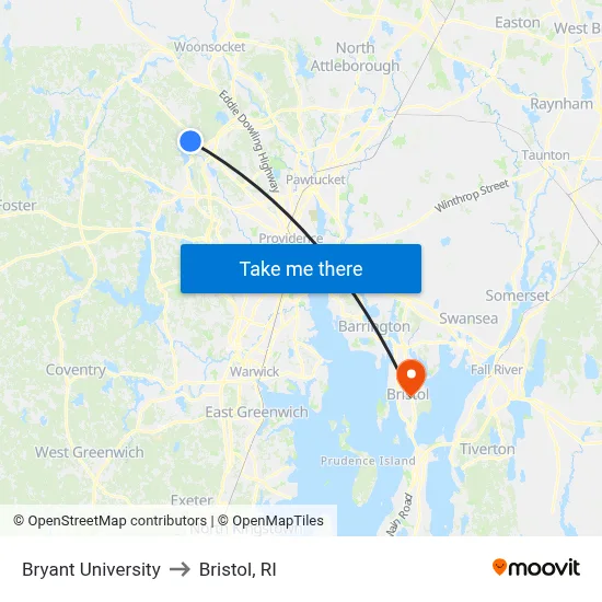 Bryant University to Bristol, RI map