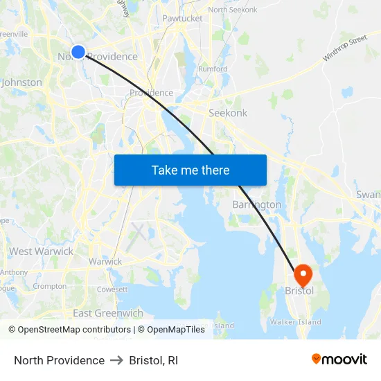 North Providence to Bristol, RI map