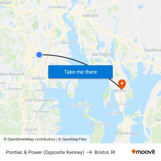 Pontiac & Power (Opposite Kenney) to Bristol, RI map