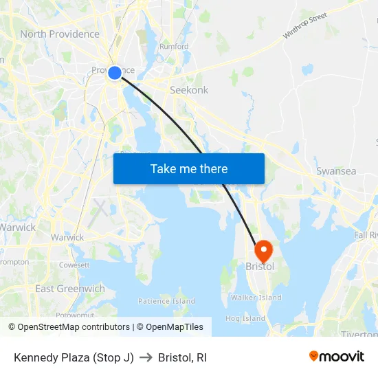 Kennedy Plaza (Stop J) to Bristol, RI map