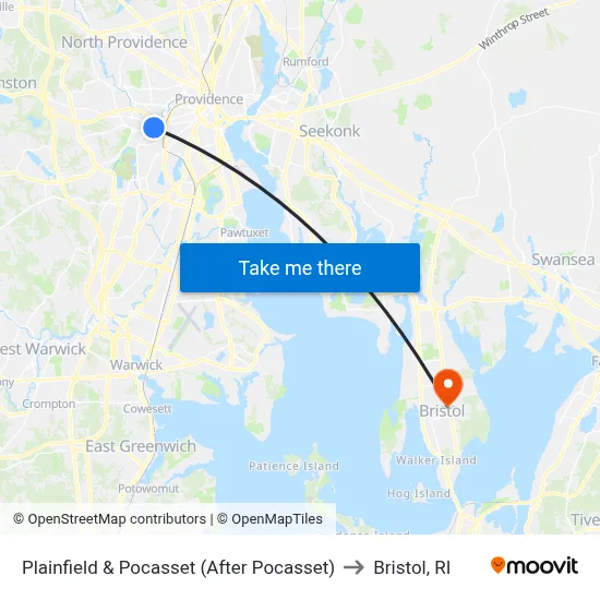 Plainfield & Pocasset (After Pocasset) to Bristol, RI map