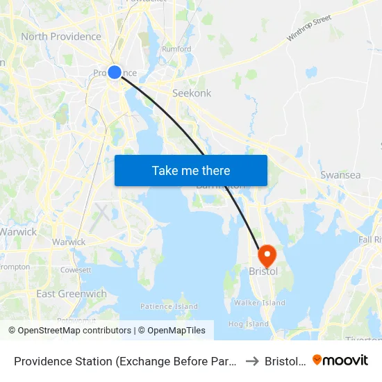 Providence Station (Exchange Before Park Row W) to Bristol, RI map