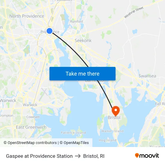 Gaspee at Providence Station to Bristol, RI map