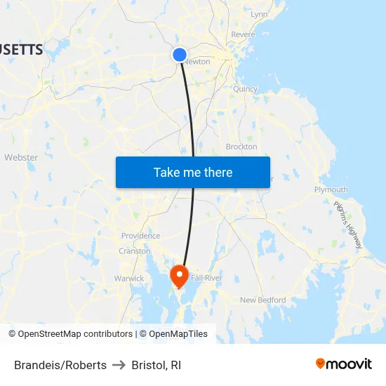 Brandeis/Roberts to Bristol, RI map