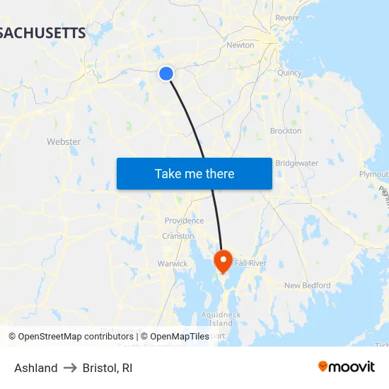 Ashland to Bristol, RI map