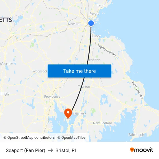 Seaport (Fan Pier) to Bristol, RI map