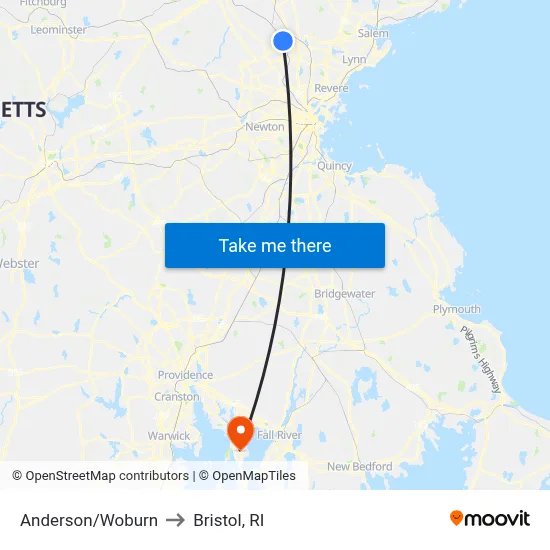 Anderson/Woburn to Bristol, RI map
