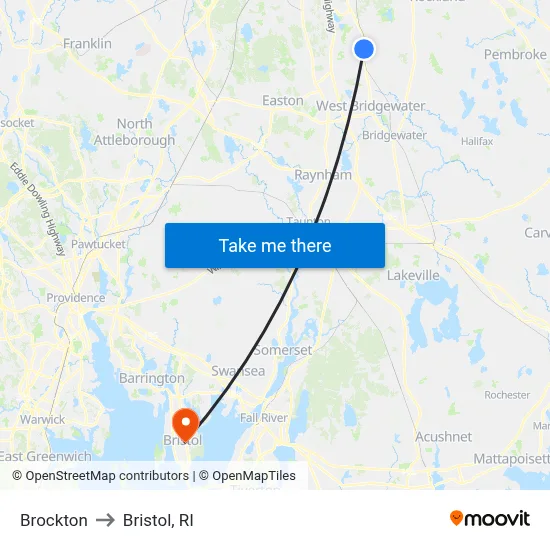 Brockton to Bristol, RI map
