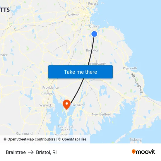 Braintree to Bristol, RI map