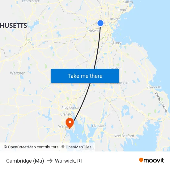 Cambridge (Ma) to Warwick, RI map