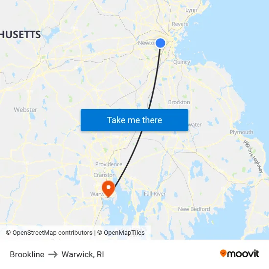 Brookline to Warwick, RI map