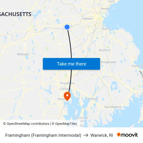 Framingham (Framingham Intermodal) to Warwick, RI map