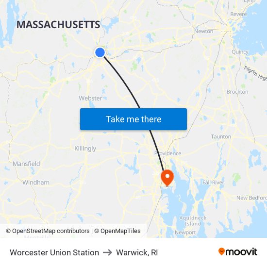 Worcester Union Station to Warwick, RI map