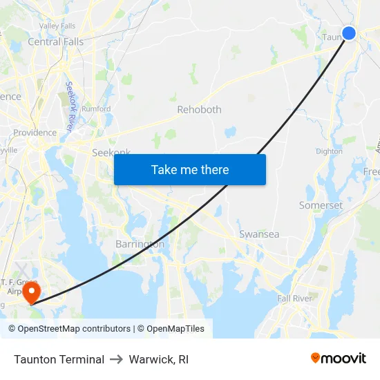 Taunton Terminal to Warwick, RI map