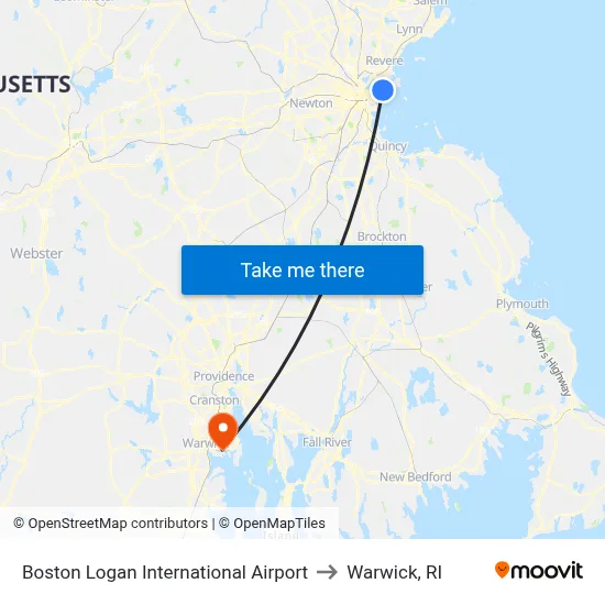 Boston Logan International Airport to Warwick, RI map