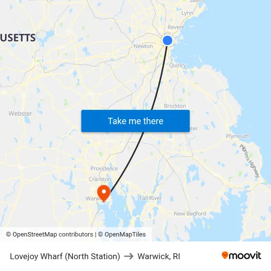Lovejoy Wharf (North Station) to Warwick, RI map