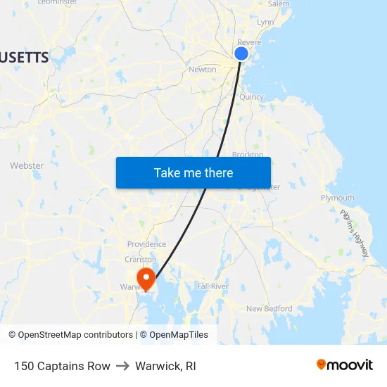 150 Captains Row to Warwick, RI map