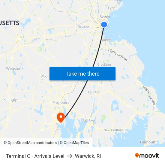 Terminal C - Arrivals Level to Warwick, RI map