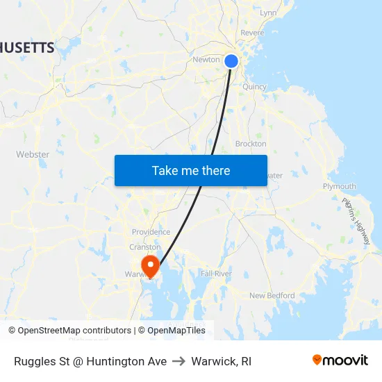 Ruggles St @ Huntington Ave to Warwick, RI map
