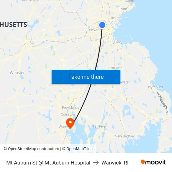 Mt Auburn St @ Mt Auburn Hospital to Warwick, RI map
