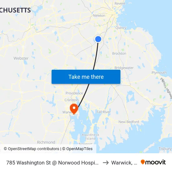 785 Washington St @ Norwood Hospital to Warwick, RI map