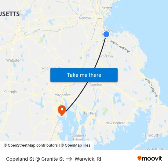 Copeland St @ Granite St to Warwick, RI map