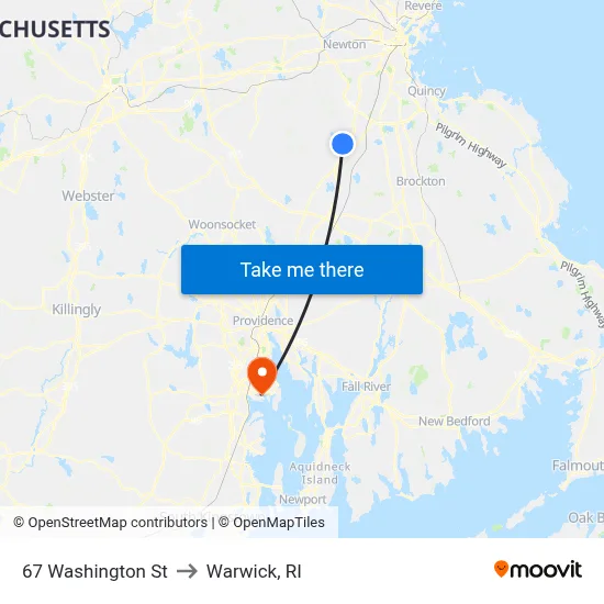 67 Washington St to Warwick, RI map