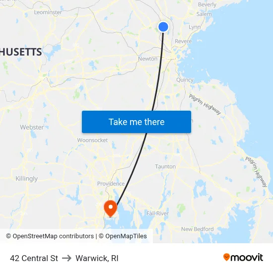 42 Central St to Warwick, RI map