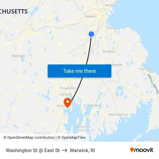 Washington St @ East St to Warwick, RI map