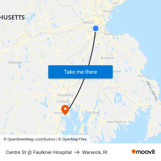 Centre St @ Faulkner Hospital to Warwick, RI map