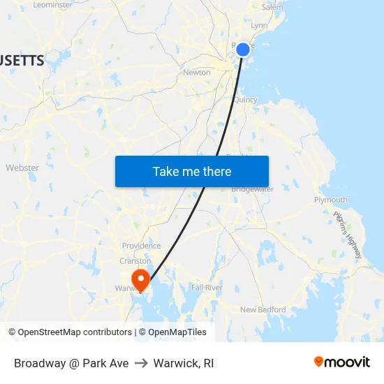Broadway @ Park Ave to Warwick, RI map