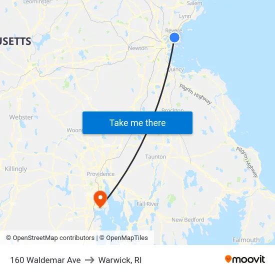 160 Waldemar Ave to Warwick, RI map