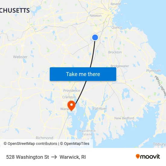 528 Washington St to Warwick, RI map